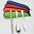 Polished stainless steel three-piece serving utensils with hop-pocket
